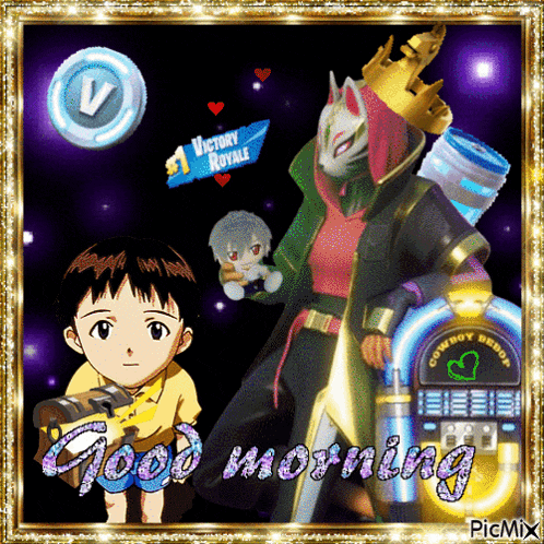 a picture of a boy holding a gun and a man with a crown says good morning
