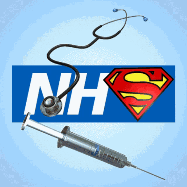 a stethoscope and a syringe are on a nhs logo