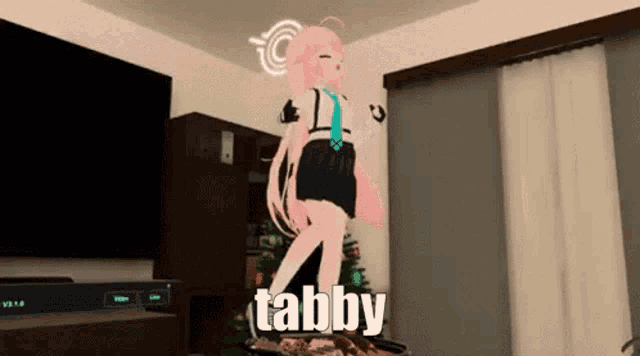 a video game character named tabby is standing in a living room with a christmas tree in the background