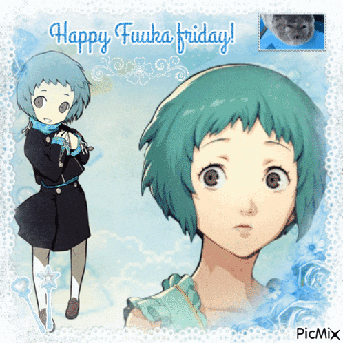 a picture of a girl with the words happy fuuka friday