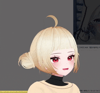 a girl with blonde hair and red eyes is wearing a black turtleneck