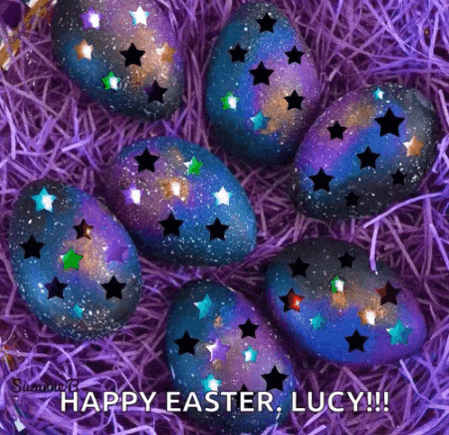 a bunch of easter eggs with stars on them and the words happy easter lucy