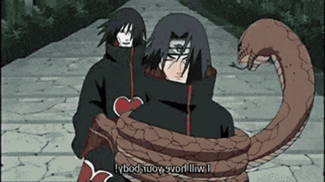 two anime characters are tied up by a snake and one of them says " iybod tuov svorl iiw i "