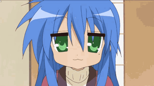 a girl with blue hair and green eyes is making a face