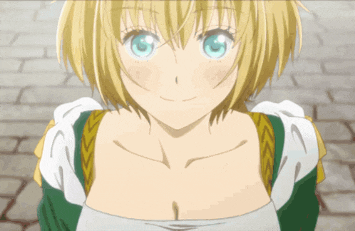 a girl with blonde hair and blue eyes looks at the camera