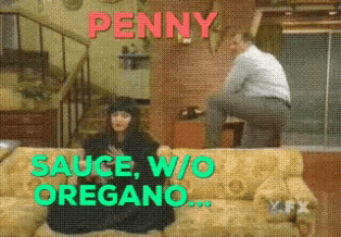 a woman sits on a couch with the words " penny sauce wo oregano "
