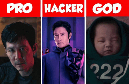 three pictures of a man and a baby with the words pro hacker god above them