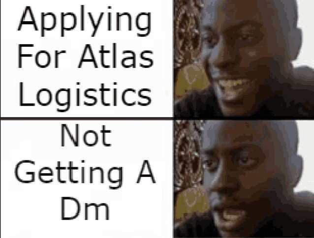 a man is smiling and laughing while applying for atlas logistics .