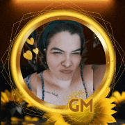 a picture of a woman in a circle with gm written on it