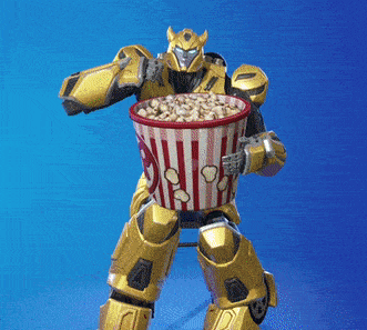 a robot is holding a bucket of popcorn in his hands