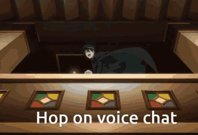 a man in a cape stands in a room with the words hop on voice chat above him