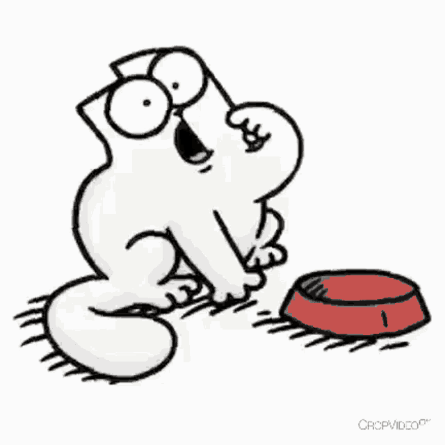 a cartoon cat is sitting next to a red bowl with a dollar sign on it .
