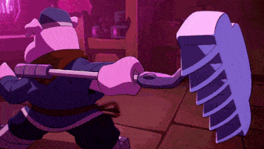 a cartoon character is holding a large axe with a purple background