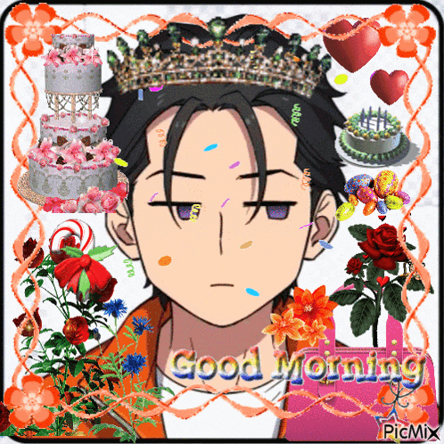 a man with a crown on his head is surrounded by flowers and cakes and says " good morning "