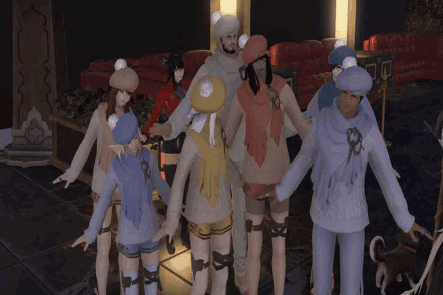 a group of people are standing in a circle wearing sweaters and hats