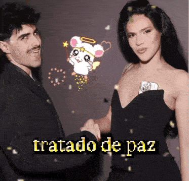 a man and a woman shaking hands with the words tratado de paz in the corner