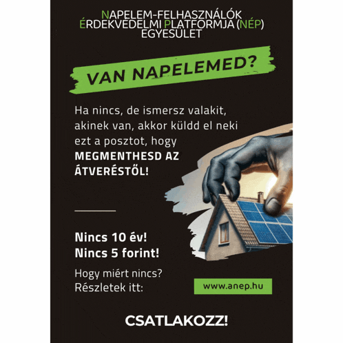 a black poster with a hand holding a house with solar panels