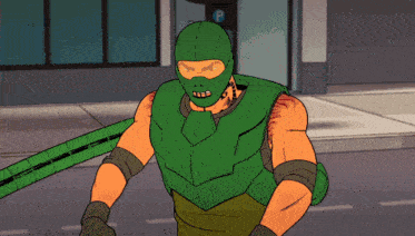 a cartoon of spider-man fighting a green monster on a street