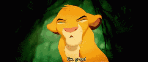 a lion from the lion king is making a funny face and saying `` ew , gross '' .