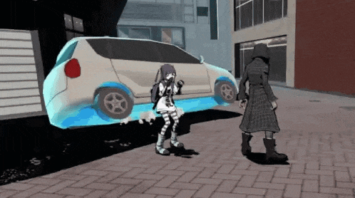 a man and a woman are standing next to a car that is floating in the air .