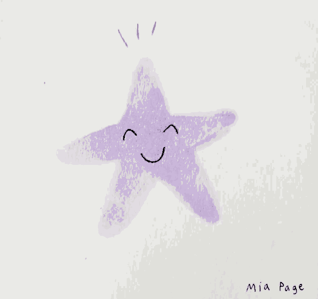 a drawing of a purple starfish with a smiling face and mia page written below it