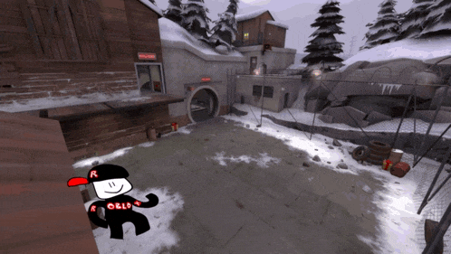 a cartoon character wearing a roblox hat is standing in a snowy area
