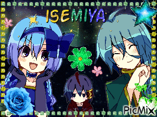 a pixel art drawing of a girl and a boy with the name isemiya
