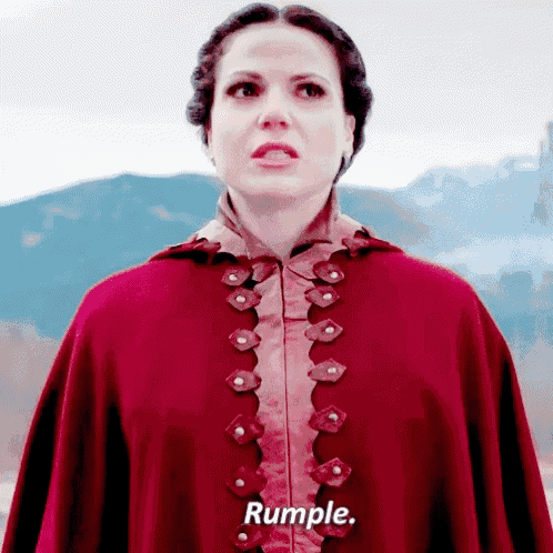 a woman in a red cape says rumple