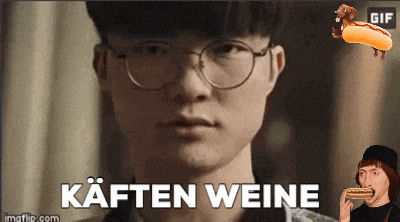 a man with glasses is holding a hot dog and says kaffen weine