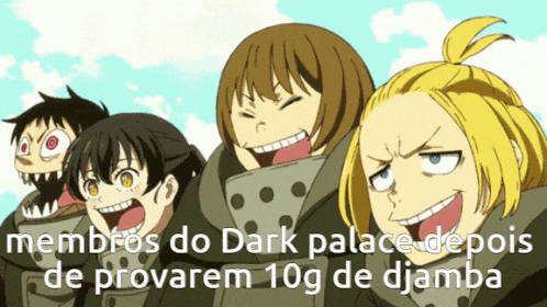a group of cartoon characters are standing next to each other with the words members do dark palace depois de provarem 10g de djamba