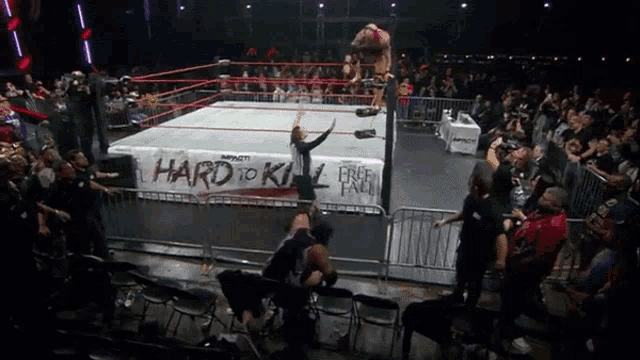 a wrestling ring with a sign that says hard to kill free fall