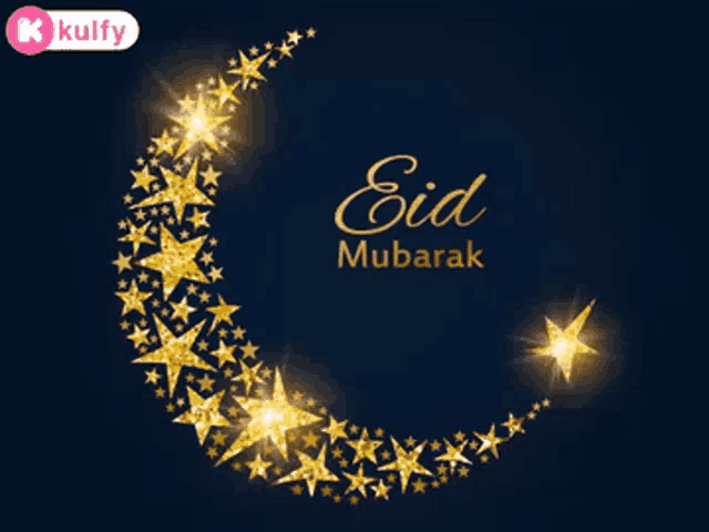 a crescent moon made of gold stars with the words eid mubarak on it