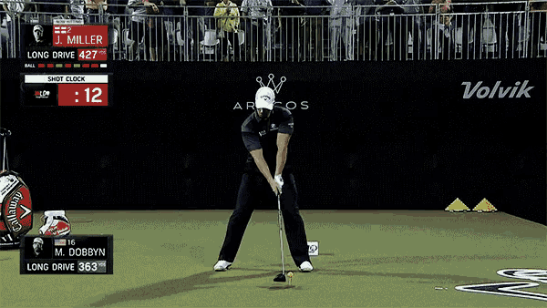 a man swings a golf club in front of a sign that says long drive