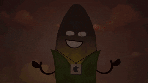 a cartoon drawing of a corn on the cob with glasses and an apple necklace