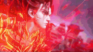 a close up of a man 's face in a red and gold costume