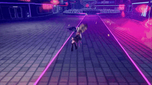 a person is playing a video game with a purple background and a lot of purple lights .
