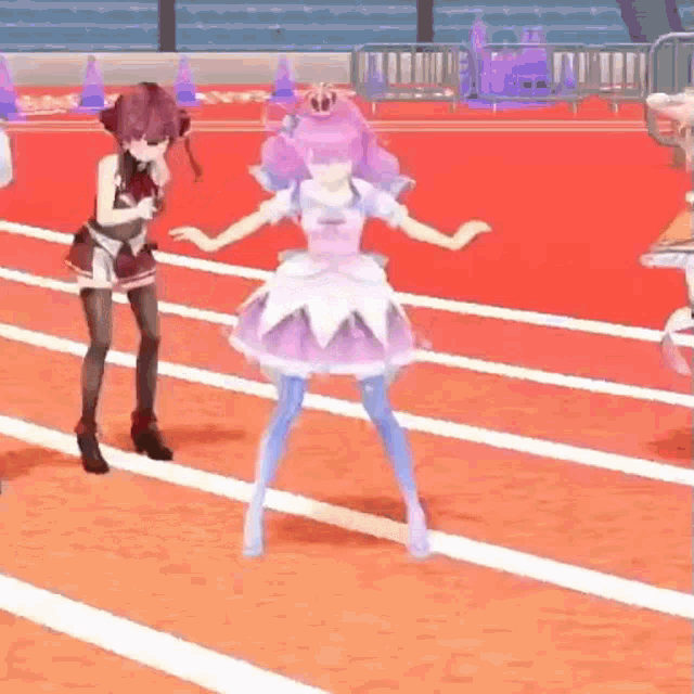 a group of anime characters are dancing on a track .