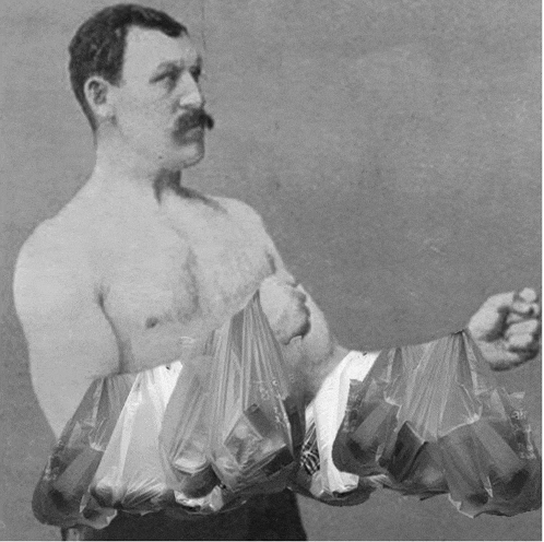 a shirtless man with a mustache is holding a bunch of plastic bags in his hands