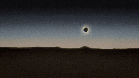 a painting of a partial solar eclipse over a desert