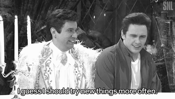 two men are sitting next to each other and one of them says i guess i should try new things more often .