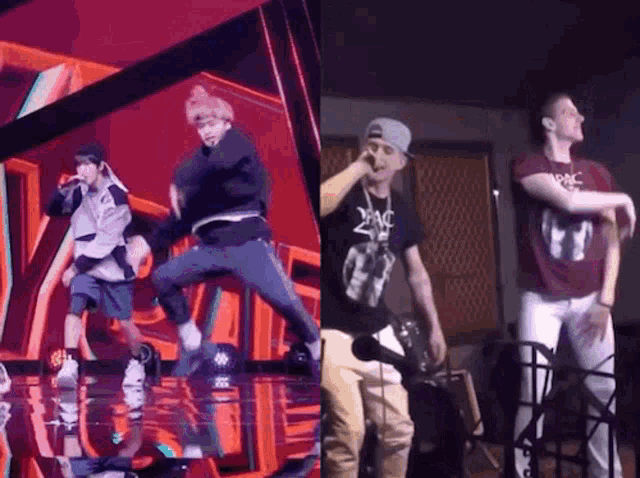 a couple of men are dancing on a stage while another man is standing in front of a microphone .