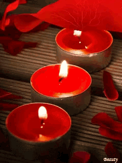 three red candles surrounded by red rose petals are lit up