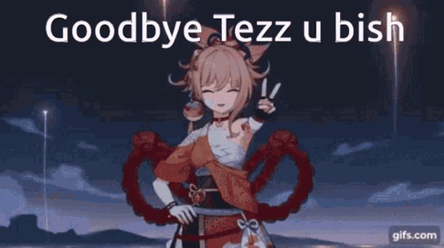 a gif of a girl waving with the words goodbye tezz u bisha