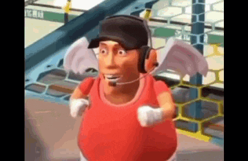 a cartoon character wearing headphones and a hat with wings is running .