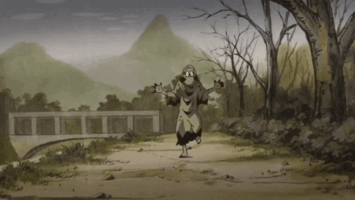 a drawing of a person standing on a dirt path