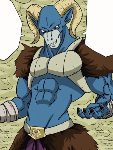 a cartoon drawing of a blue monster with horns and a belt that says o on it