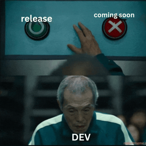 a man pressing a button that says release next to another button that says coming soon