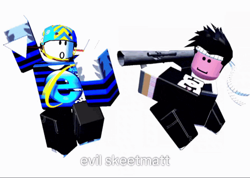 two roblox characters are standing next to each other with evil skeetmatt in the corner