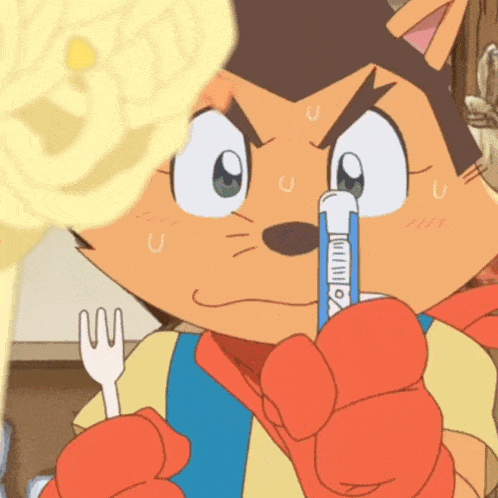 a cartoon character is holding a fork and a thermometer with the letter o on it