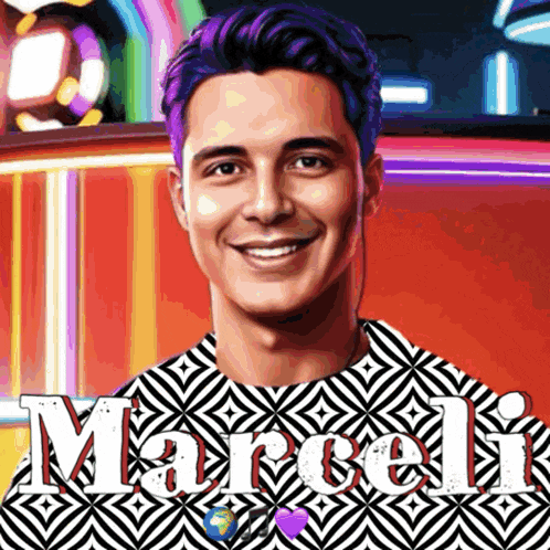 a man with purple hair is wearing a black and white shirt that says marceli